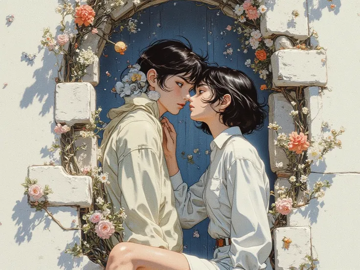  boy,  for thirteen years, with black hair and very blue eyes, wearing a white long sleeve shirt and shorts,  touches the lips of a girl facing a porcelain statue, half walled up in a white wall,  with short hair,  with closed eyes and in a shirt. 