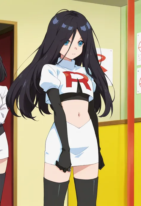 best quality, masterpiece
BREAK
1girl, natsukohirose, black hair, long hair, blue eyes,
team rocket,team rocket uniform,white skirt,red letter R,crop top,black thigh-highs,black elbow gloves, cowboy shot,
indoors