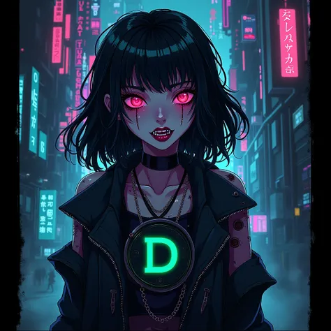 A monster girl dark anime character with logo  of Digicoin similar like bitcoin style , made black coin with green 'D' in the middle , acid style , add some future details , drugs colours , high quality detalis , dark mode , high quality , yellow colours ,...