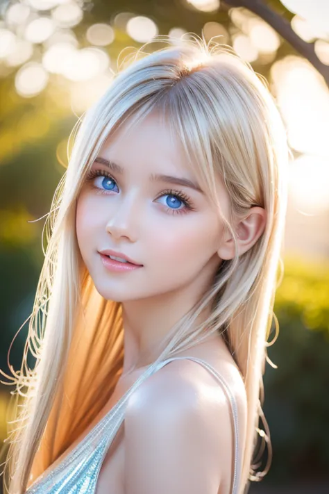 Blonde hair dancing in strong winds interferes with her cute innocent young face、Sexy big boobs、 cute little beautiful face at age 16 、Shiny bright straight super long blonde hair、Cute and beautiful long, silky bangs that cover the space between the eyes、L...