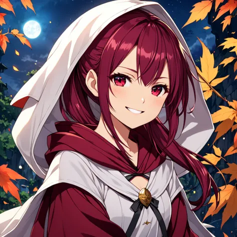 Top quality, 1girl ,  maroon hair、 ponytail on panty、 cute face that leaves hood、Mid-s、mean smile , Another World Fantasy 