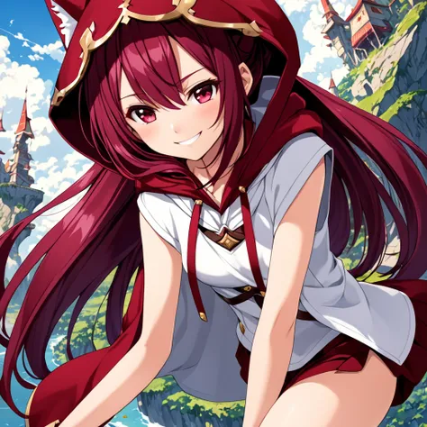 Top quality, 1girl ,  maroon hair、 ponytail on panty、 cute face that leaves hood、Mid-s、mean smile , Another World Fantasy 