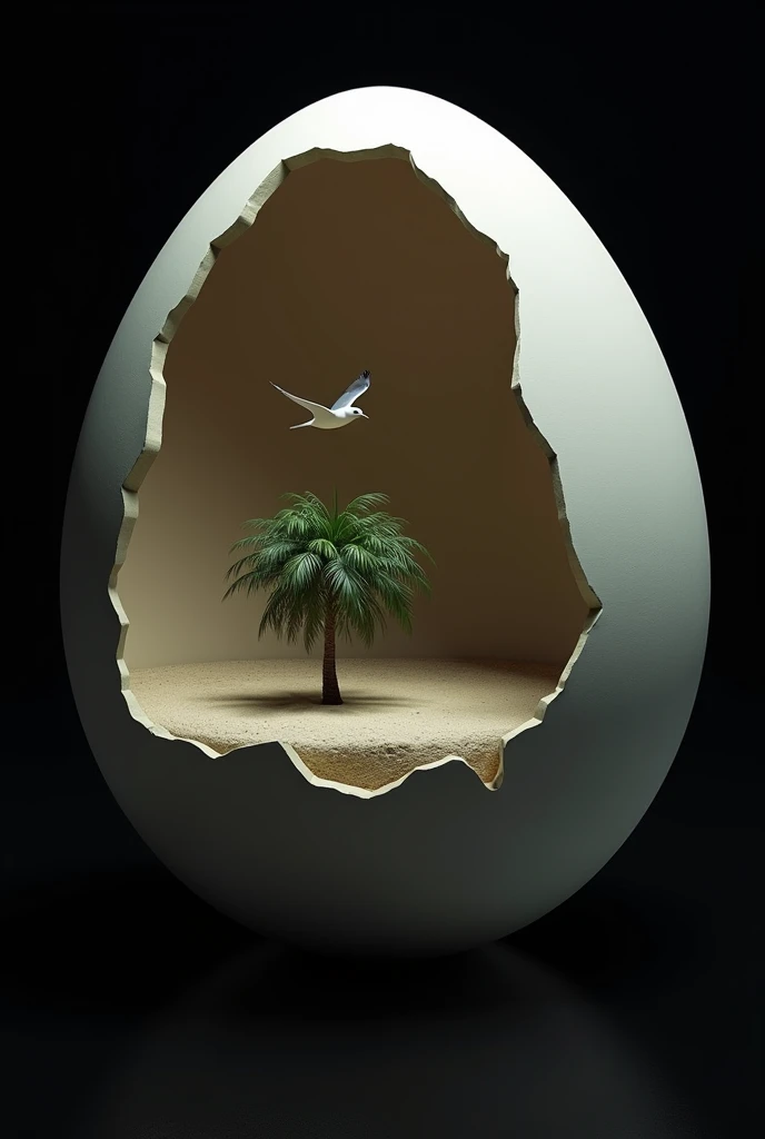 Giant egg hollowed inside the egg a deserted island with palm tree and seagull realistic photo  , egg on a black background 