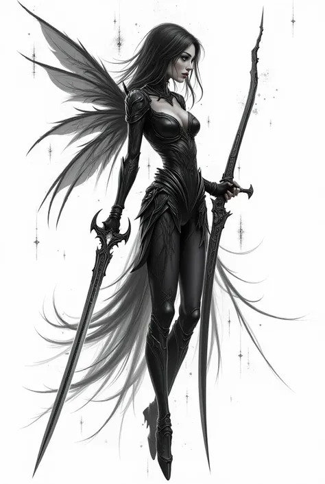 and now please make an enhanced version of this beautiful dark fantasy fairy holdin a sword, drawn in a anime style, only with lines and maybe some shades with grunge effect. make the whole drawing digital and with black slim brush on while plain backgroun...