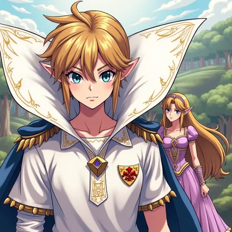 Anime Ocarina of time Emperor Link wearing a Massive popped collar polo with a collar so high it's taller than his head he's with Princess Zelda