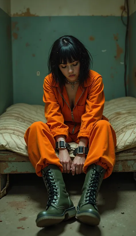 A French punk girl with short hair, fringe haircut. She's wearing a zipped orange prison jumpsuit, rubber boots. Handcuffed, and asleep on an old  matress in her prison cell. fullbody veiw