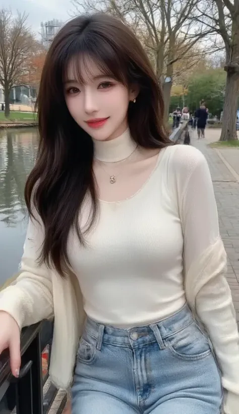  25 year old woman with extended breasts,  long black wavy hair  、Bans、 tight white turtleneck sweater,  bulging nipples、 tight jeans,  jacket 、Medium milk,  cute smile、(  butt sticking pose )、( looking back )、 with sexy hips、 red high heels 、Park with a l...