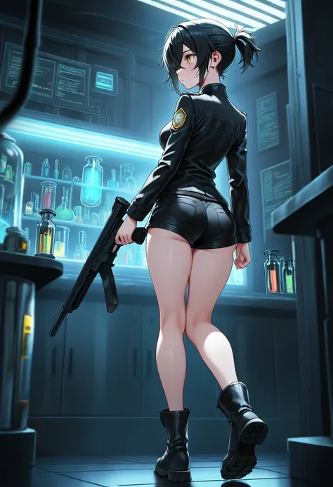 (NSFW, masterpiece, best quality, amazing quality, very aesthetic, (detailed eyes), cinematografic\), (laboratory), 1girl \(Black hair, short hair, crossed bangs, short Ponytail, PDI agent, yellow eyes, medium breasts, black jacket, black shorts, boots\), ...