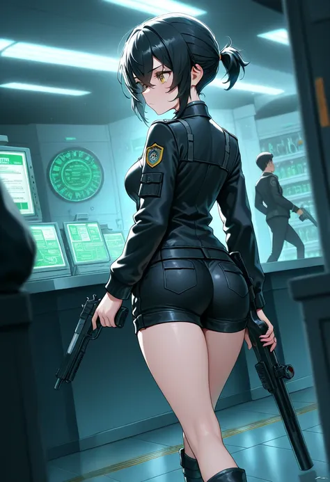 (NSFW, masterpiece, best quality, amazing quality, very aesthetic, (detailed eyes), cinematografic\), (laboratory), 1girl \(Black hair, short hair, crossed bangs, short Ponytail, PDI agent, yellow eyes, medium breasts, black jacket, black shorts, boots\), ...