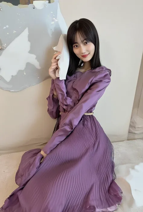 (   Masterpiece,    top quality:1.2),   seat,   alone、  double eyelid、 slouching forward,  I can see her nipples、  Nogizaka46 official trackwear 、 purple tracksuit with fully open zipper、 side ponytail、Chest enhancement、Glossy Skin、  Closed Eyes Made from ...