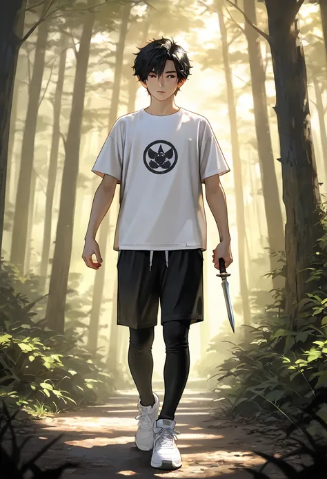 Masterpiece, newest, vibrant, very aesthetic, high contrast, boys, gusion paxley, short spiky black hair, black eye, white t-shirt and black short pants, white sneakers, tall eighteen cm, full body, holding dagger in left hand, forest, best quality, semrea...