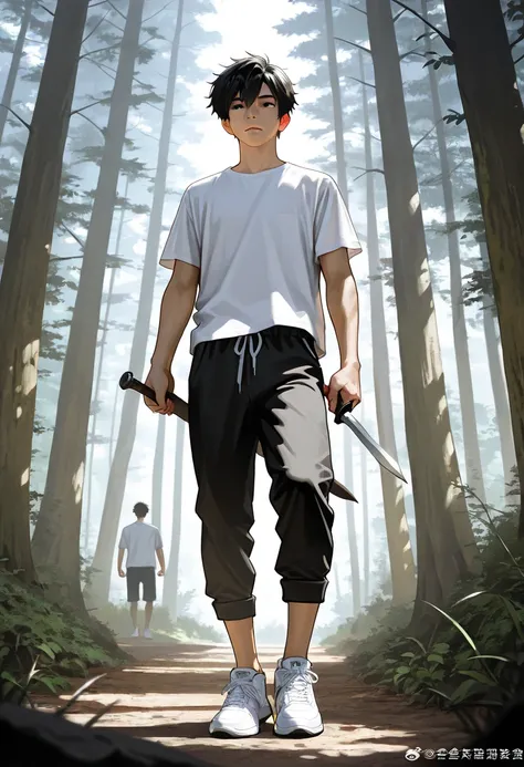 Masterpiece, newest, vibrant, very aesthetic, high contrast, boys, gusion paxley, short spiky black hair, black eye, white t-shirt and black short pants, white sneakers, tall eighteen cm, full body, holding dagger in left hand, forest, best quality, semrea...