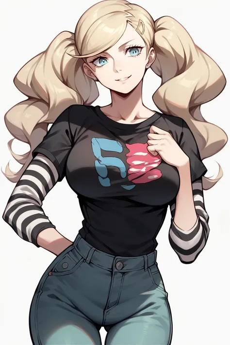 1 girl, solo, black short sleeve t-shirt, layered sleeves, white long sleeves, jeans, Ann Takamaki, blonde hair, blue eyes, twintails, black t-shirt over white long sleeves, large breasts, confident smile, striped sleeves, black short sleeve over long slee...