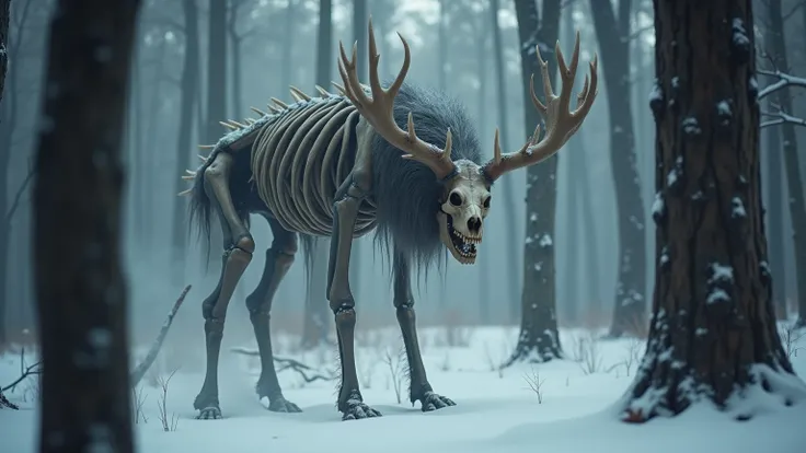 wendigo.  A skeletal creature with pale and thin skin ,  its bones protruding under a layer of torn skin .  His face is a deer skull with dark and dead eyes,  and its mouth is full of sharp teeth . He stands on two legs and his back is curved , their skele...