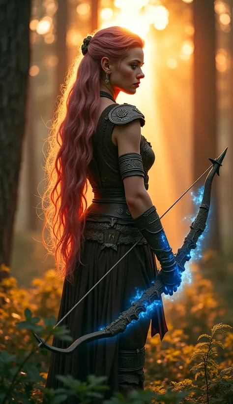 "An elf with long, rosy hair stands in a dense forest, bathed in the golden light of twilight. Her skin glows faintly, as if imbued with ancient magic. She wears light armor made of brown leather and silver, decorated with ancient rune symbols. Her bow and...