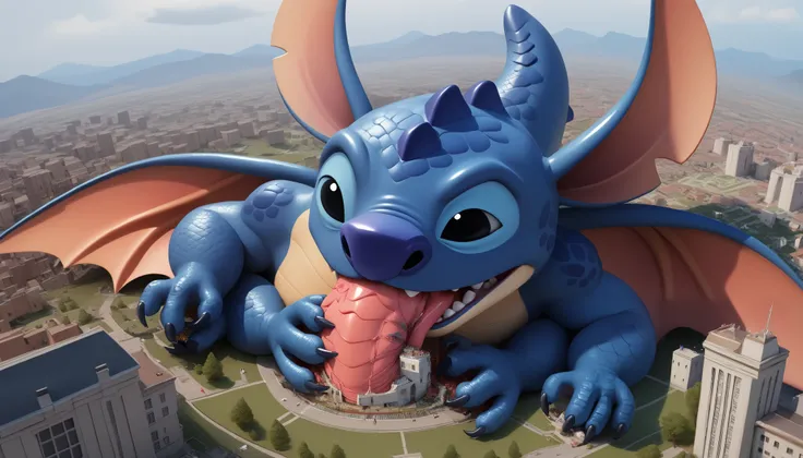  score_9,  score_8_above,  score_8, 1 , st1tch ,  black eyes,  antenas, spyro's tail with scales, thick tail, multiple arms, 4 arms, Macro, ((oral vore)), open mouth