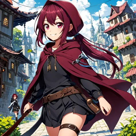 Top quality, 1girl ,  maroon hair、 ponytail on panty、 cute face that leaves hood、Mid-teens、mean smile , Another World Fantasy ,Thief