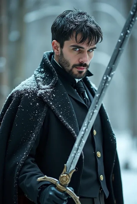 An elegant and strong Victorian  ,  short black hair with short beard and green eyes ,  fair skin ,  men's tie, elegant and strong, wielding a long sword wrapped in ice and a cold look in a Victorian costume