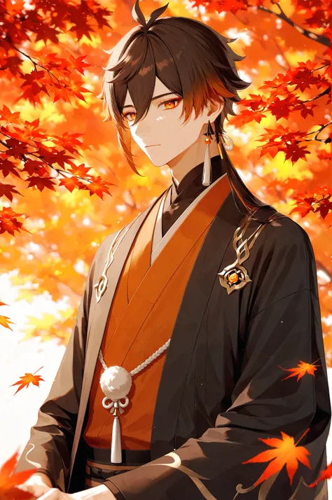 1boy, male focus, zhonli (genshin impact), brown hair, orange hair, two-tone hair, orange eyes, ear tassel, intricate male kimono, red autumn leaves, maple trees, masterpiece, best quality, amazing quality, very aesthetic, absurdres, modern, recent, newest