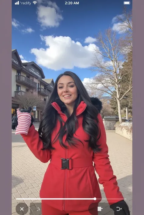 Woman 30, long black hair, wearing red short skiing jacket with red hood attached with black fur Black trim.  Red skiing pants. Black cat eyes sunglasses. At Vail Colorado street shops. 

Pixar Disney Cartoon Animation Character 