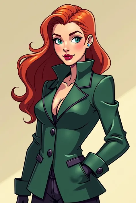 a cartoon of a woman with red hair and a blue jacket, anya from spy x family, sil from species, full body portrait of jean grey, cel - shaded art style, cell shaded adult animation, mary jane, jean grey, dinah drake, starfire, vixen, inspired by Mary Jane ...