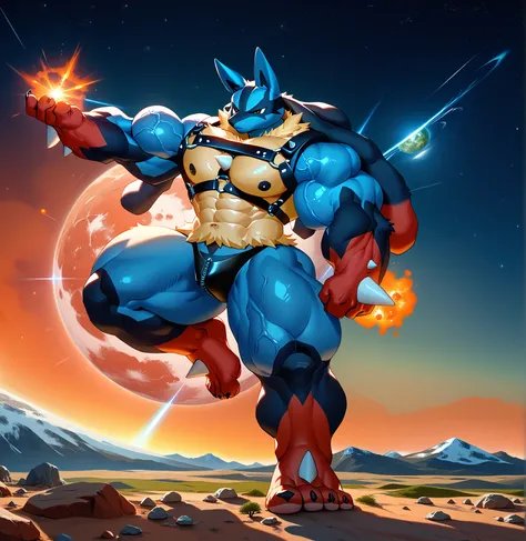 full body, high quality, absurd res, digital painting,
(kemono, bara), lucario, posing, black thong, 
 muscular, blue body, veiny skin masterpiece, frown, bedroom eyes, standing, 
 huge chest,, macro, outer space, planets, low view, \(artwork\)
 BREAK zPDX...