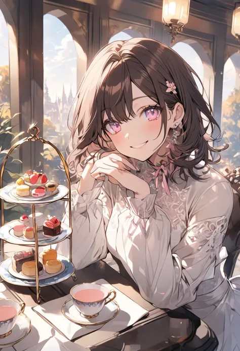 Alone， handsome, medium hair，Dark brown hair， Pink Highlights at the Tip，woman， Light Pink Eyes ，smile, Long Sleeve, Afternoon Tea 