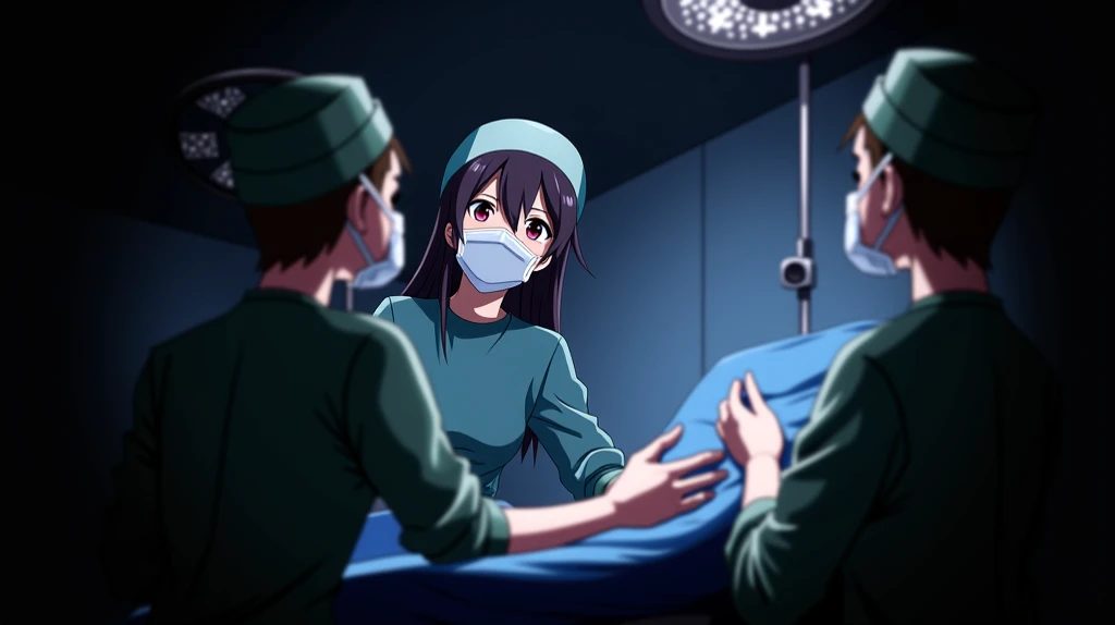 Anime girl, 1gril, surgery_pov, view from below, pov, long sleeve surgical outfit, surgical mask,  surgical gloves, surgical cap,  operating room, overhead surgical light, looking downward,anime