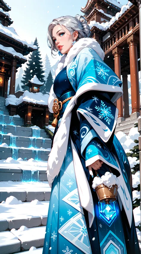  A stunning masterpiece ， shows a mature woman ，ice blue eyes， Snow-silver hair ， lips and pale skin ， wearing a snow-themed glowing kimono。 scene including drifting snow ，Staircase and temple 。