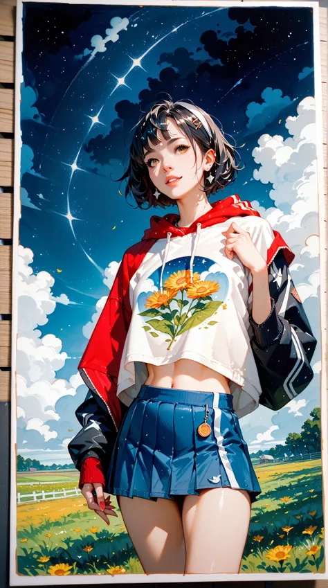  A traditional media painting with volumetric light ， depicting a woman wearing a short skirt and a wide cotton-hooded sweatshirt，Surrounded by field 、 clouds and moonlit night ， emphasizing realistic body proportions and vivid colors 。