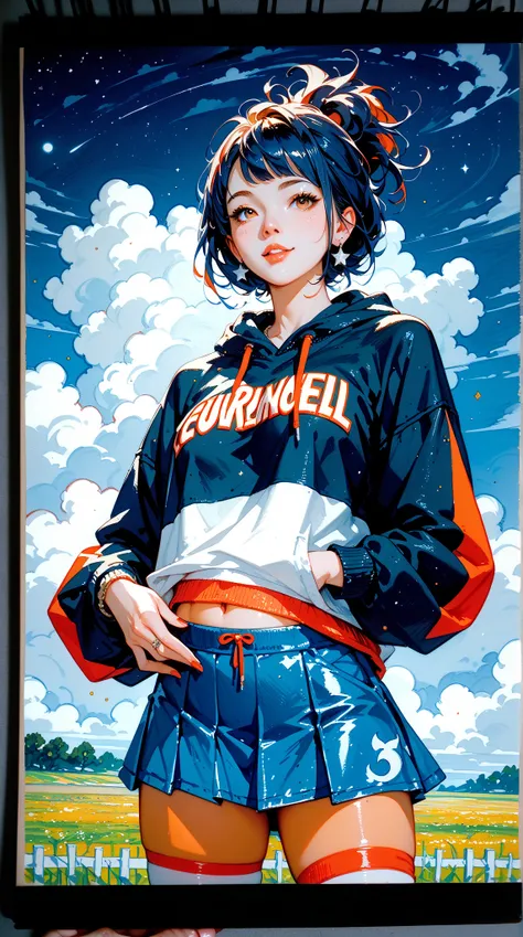  A traditional media painting with volumetric light ， depicting a woman wearing a short skirt and a wide cotton-hooded sweatshirt，Surrounded by field 、 clouds and moonlit night ， emphasizing realistic body proportions and vivid colors 。