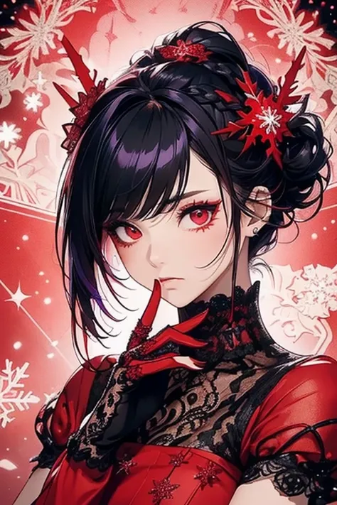     super detailed、     black hair、    Red Eye、((red and purple lace dress  )).    cute、  (( flashy hair ornament)).  expressionless    、    alone、Non-parallel、((Confused Eyes)).((  Beautiful hairstyle  :1.35)).((   lace gloves)).((Correct finger)).((4 fin...