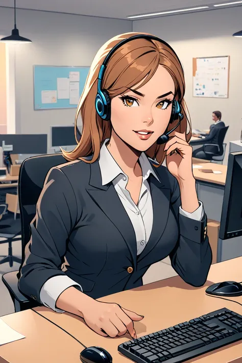 
A stunnimage of a stunning woman dressed in professional yet comfortable office attire reveal breast with nipple, working as a call center agent. She has a friendly and approachable expression, with smooth, clear skin and neatly styled hair. She is wearin...