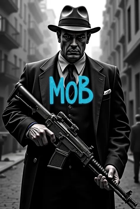 Mafioso in an old hat holding an antique machine gun in black and white realism in his suit is written MOB in blue