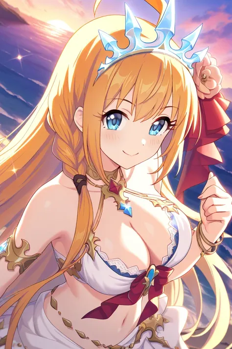 Pecorine(princess connect), White swimsuit bikini,blue eyes, bare shoulders, bracelet, tiara, large breasts, cleavage, hair flower, jewelry, long hair, braid, ahoge, navel, sidelocks, red ribbon, gold hair, sea, evening, smile