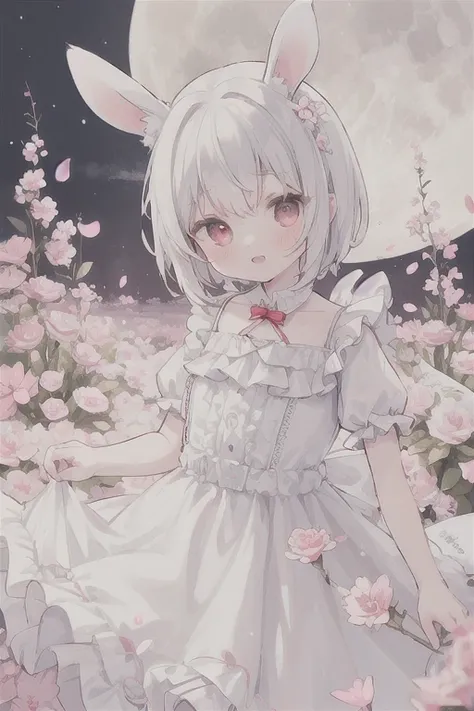 (masterpiece, best quality:1.2), illustration, absurdres, highres, extremely detailed, 1 petite girl, white short hair, rabbit ears, red eyes, eye highlights, dress, short puffy sleeves, frills, outdoors, flower, fluttering petals, upper body, (moon:1.2), ...