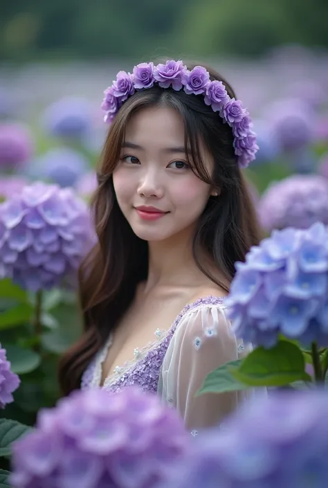 Beautiful Asian girl in her 20s straight, wearing a purple headband, a purple floral vintage dress. The background is a field of hydrangea.