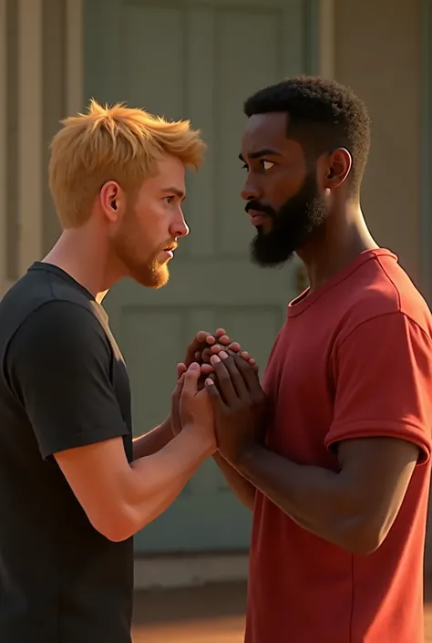 BLOND MAN IN A BLACK T-SHIRT PRAYING FOR ANOTHER BLACK MAN IN A RED T-SHIRT AND HIS LITTLE DAUGHTER AS A  , STYLE 3d animation, disney pixar