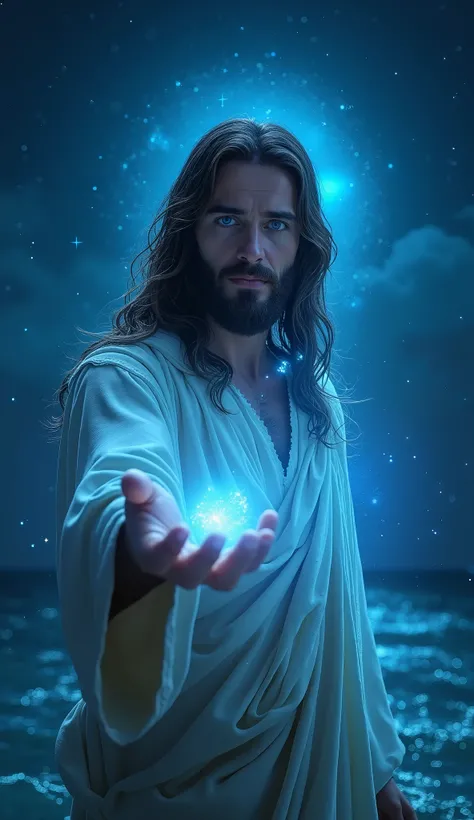 super detailed high quality 8K photorealistic image of a beautiful Jesus Christ with blue eyes looking directly at the camera emitting a shining aura, standing on the sea at night with one hand extended towards the camera.

