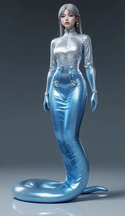 A Snake Woman made of liquid mercury, inspired by cyberpunk aesthetics, featuring a reflective surface in chrome silver and metallic neon blue. Rendered in an ultra-realistic, high-quality style with intricate details and smooth, fluid textures, evoking a ...