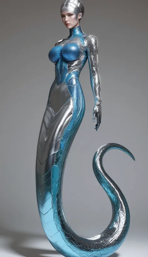 A Snake Woman made of liquid mercury, inspired by cyberpunk aesthetics, featuring a reflective surface in chrome silver and metallic neon blue. Rendered in an ultra-realistic, high-quality style with intricate details and smooth, fluid textures, evoking a ...