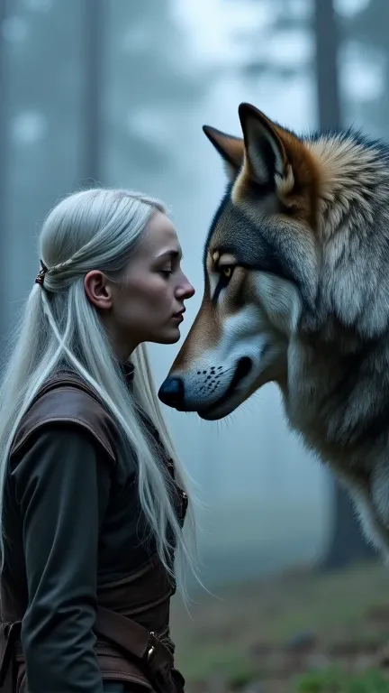  A young warrior with long silver hair It is in front of a majestic gray wolf in a forest covered by mist.  Her eyes close as she softly touches the wolf's snout ,  sealing a deep bond between human and beast .  The camera rotates slowly around ,  capturin...