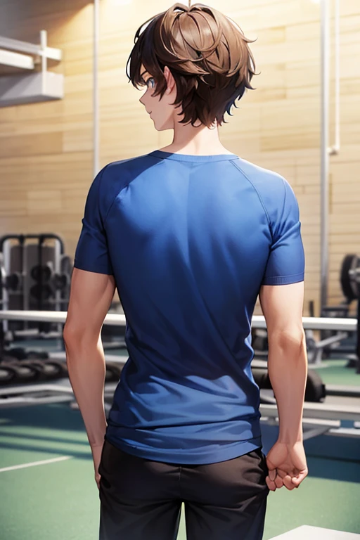 a 18 year old boy, long brown hair, standing, in gym, blue eye (from back)