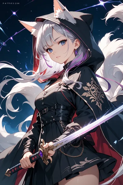 A girl with dark blue eyes and very long silver hair with purple highlights wearing black clothes and a Black cloak with a hood holding a magic space sword as a kitsune