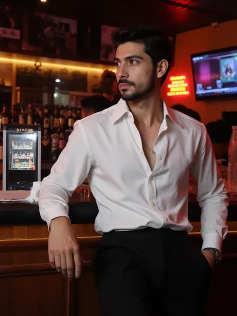 a young handsome turkish guy with muscle,  dark short hair and goatee beard he wearing a white blouse with reverse collar sleeves up  and a black suit pants location is club  amateur photo random picture blouse in pants he siting and focus 