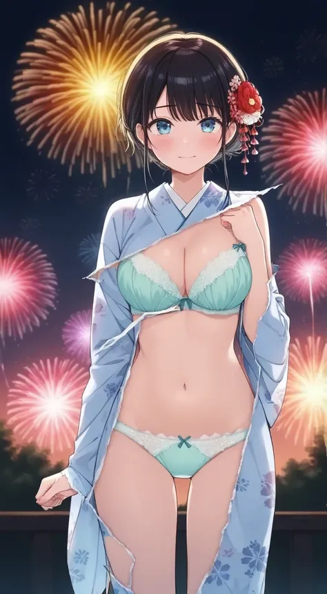 1girl, kimono, (revealing layer, torn paper edge, bra, panties), standing, look viewer, fireworks, night,