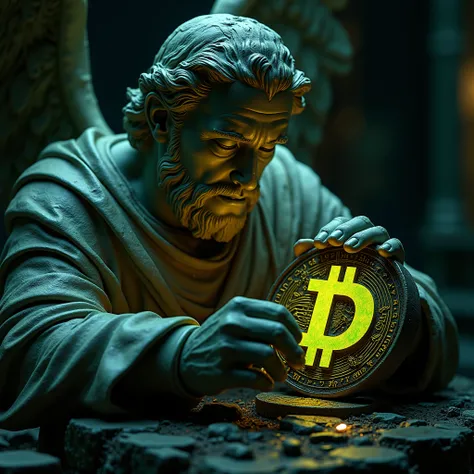 Michael Angelo making in Marble a logo  of Digicoin similar like bitcoin style , made black coin with green 'D' in the middle , acid style , add some future details , drugs colours , high quality detalis , dark mode , high quality , yellow colours , Digita...