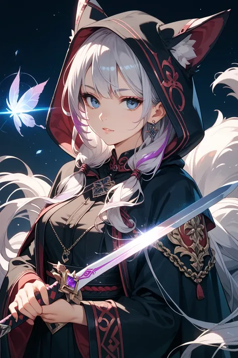 A girl with dark blue eyes and very long silver hair with purple highlights wearing black clothes and a Black cloak with a hood holding a magic space sword as a kitsune