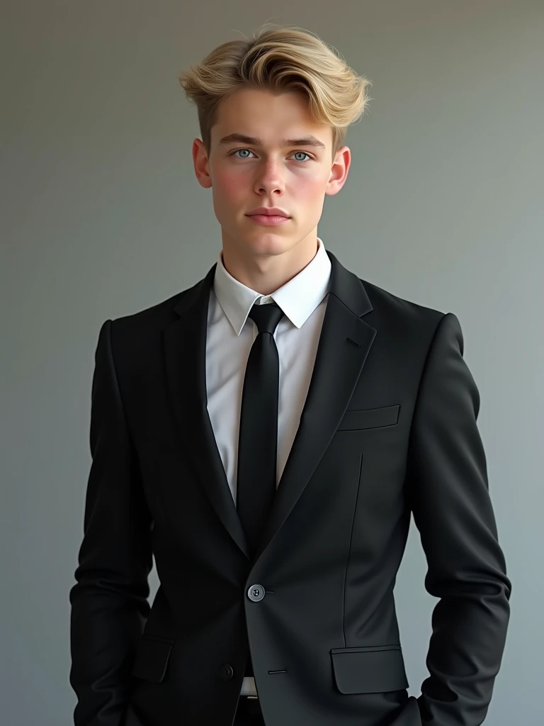 Full body image ultrarealist  of a blond-haired, blue-eyed boy who appears to be seventeen years old wearing a fitted black suit and a black tie and a fitted white dress shirt  