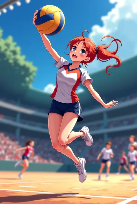 Create an anime girl playing volleyball